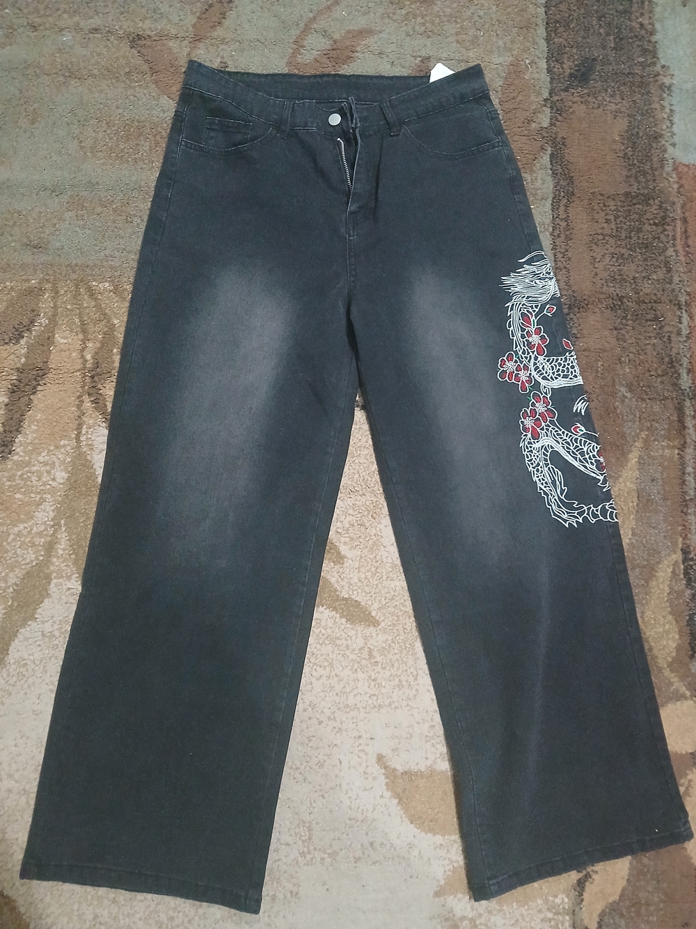 Black Wide-Leg Women's Jeans with White & Red Dragon Embroidery